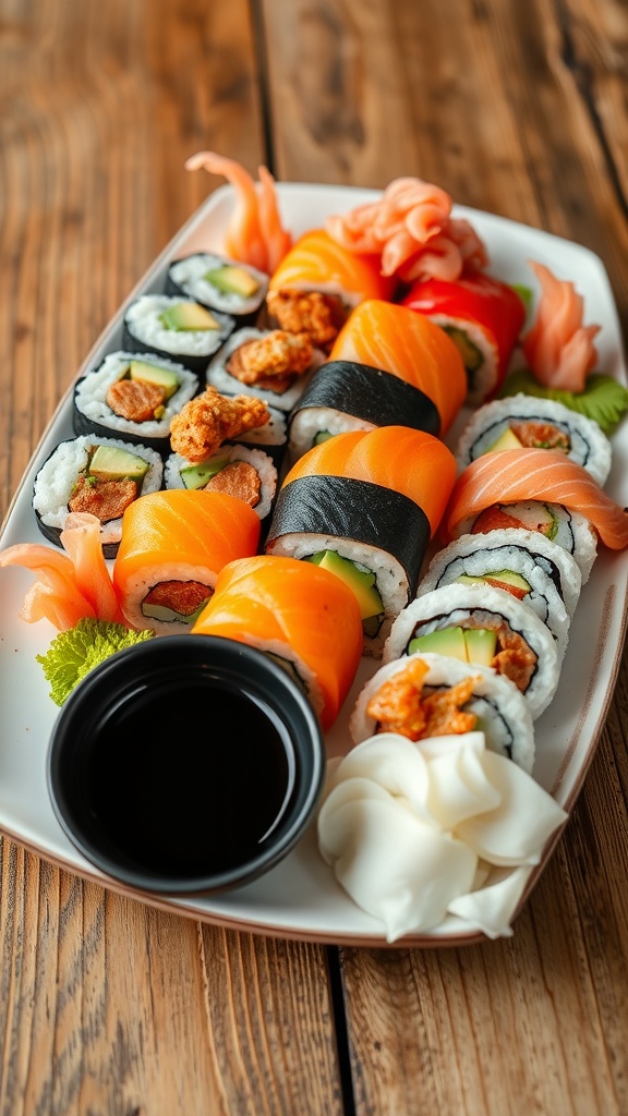 A platter of colorful sushi rolls with fish, avocado, and vegetables, garnished with ginger and wasabi.